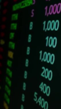 Makro çekim hareketi üzerine borsa kurulu LED ekranı borsa ve finansal verileri gösteriyor. Dinamik borsa endeksi değer artışı ve eğilim yatırımı için düşüş.