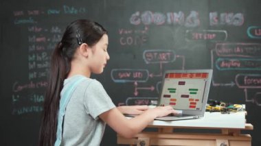 Asyalı öğrenci programlama mühendisliği kodu ya da masadaki ekipmanlarla birlikte kameraya doğru dönün. Güvertede dizüstü bilgisayar kullanarak çalışan tatlı bir kız. Yaratıcı eğitim konsepti. Öğretim