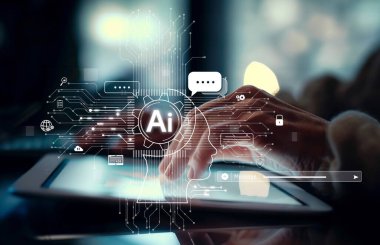 Yapay zeka sanal asistanı Chatbot ile yapay zeka konsepti ile insan etkileşimi, yapay zeka mühendisliği, LLM yapay zeka derin öğrenimi iş desteği için üretken yapay zeka kullanımı. EIDE