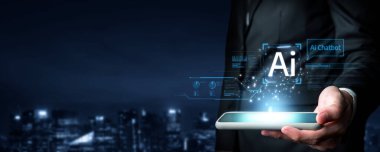 Yapay zeka sanal asistanı Chatbot ile yapay zeka konsepti ile insan etkileşimi, yapay zeka mühendisliği, LLM yapay zeka derin öğrenimi iş desteği için üretken yapay zeka kullanımı. FaaS