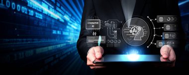 Yapay zeka sanal asistanı Chatbot ile yapay zeka konsepti ile insan etkileşimi, yapay zeka mühendisliği, LLM yapay zeka derin öğrenimi iş desteği için üretken yapay zeka kullanımı. FaaS