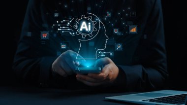 Yapay zeka mühendisliği, büyük veri ve yapay zeka makinesi kavramında yapay zeka beyin işlemcisiyle iş desteği için üretken yapay zeka kullanmayı öğrenen insan etkileşimi. Kullanıcı Kimliği