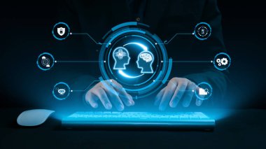 Yapay zeka mühendisliği, büyük veri ve yapay zeka makinesi kavramında yapay zeka beyin işlemcisiyle iş desteği için üretken yapay zeka kullanmayı öğrenen insan etkileşimi. Kullanıcı Kimliği