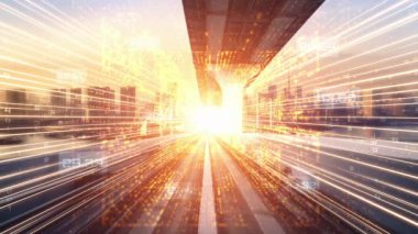 Yol üzerindeki dijital veri akışının dijital dönüşümü, yıkıcı yeniliği göstermek için grafik ile programlama kodlama kavramında hızlı aktarım vizyonu yaratan döngüsel videosu. Kusursuz Döngü .