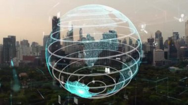 Akıllı şehirde küresel bağlantı ve internet ağı değişikliği. Gelecekteki kablosuz dijital bağlantı ve sosyal medya ağı kavramı .