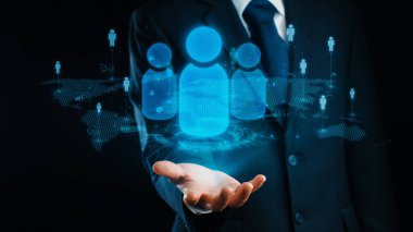 İş adamı ağ kurar, değerli bağlantılar kurar. Profesyonel ağı ve fırsatları genişletmek için etkili insan ağ oluşturma stratejileri UUID