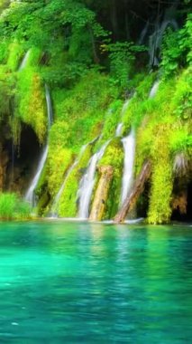 İlkbaharda Plitvice Gölleri Hırvatistan 'daki şelale manzarasının sinemadaki videosu. Rahatlama arka planı için sakin doğa manzarası .