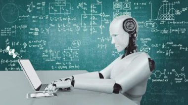 Robot hominoidler dizüstü bilgisayar kullanırlar ve 4. Endüstriyel Devrim için yapay zeka ve makine öğrenme yöntemlerini kullanarak mühendislik bilimi çalışmak için masaya otururlar. 3B görüntüleme