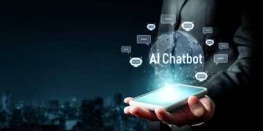 Yapay zeka sanal asistanı Chatbot ile yapay zeka konsepti ile insan etkileşimi, yapay zeka mühendisliği, LLM yapay zeka derin öğrenimi iş desteği için üretken yapay zeka kullanımı. FaaS