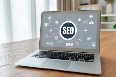 Model e-ticaret için SEO arama motoru optimizasyonu ve bilgisayar ekranında gösterilen çevrimiçi perakende işi