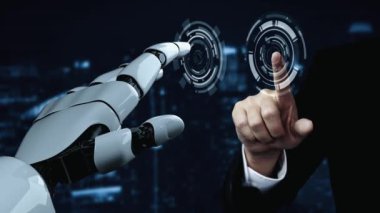 Gelecekçi robot yapay zeka yapay zeka yapay zekayı aydınlatıyor ve makine öğrenme kavramını geliştiriyor. İnsan hayatının geleceği için küresel robot kuantum bilimi araştırması. 3B görüntüleme grafiği.