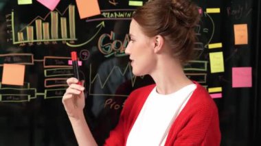 Profesyonel iş kadını yapışkan notlar ve grafikler kullanarak kendine güvenen bir iş kadını sunar. Cam duvarda istatistiksel grafikle duran yetenekli genç ve güzel proje yöneticisi. İzleme