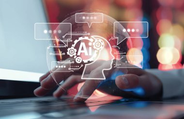 Yapay zeka sanal asistanı Chatbot ile yapay zeka konsepti ile insan etkileşimi, yapay zeka mühendisliği, LLM yapay zeka derin öğrenimi iş desteği için üretken yapay zeka kullanımı. EIDE