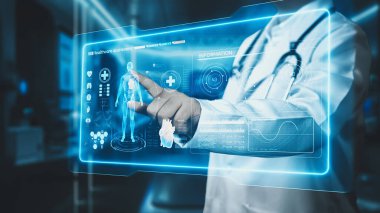 Profesyonel doktor muayenesini kapat ve insan muayene raporuna bak. Doktor röntgene bakıyor ve HUD gösterge panelindeki kalp atışlı tüm vücut hologramını analiz ediyor. İyileştirici.