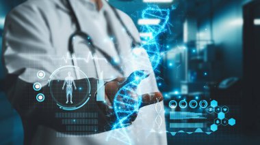 Bulanık geçmişi olan, laboratuvarda yüzen DNA örneği hologramına işaret eden zeki doktorlara yaklaş. Tıp çalışanı genetik bozukluk teşhisi için tıbbi verilere bakıyor ve erişiyor. İyileştirici.