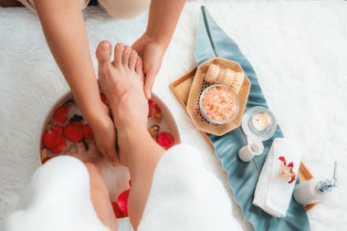 Kadınlar lüks spa salonlarında keyifli ayak masajlarına devam ederken, masör de hafif gün ışığı atmosferinde refleksoloji terapisi veya otel ayak spa 'sında. Sessiz.