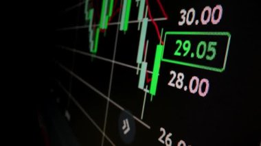 Yakın çekim makro çekim grafiği LED ekranda, büyüme grafiğini ekonomik patlama ya da boğa piyasa noktası konsepti olarak gösteriyor. Finansal yatırım için uygun pozitif borsa.
