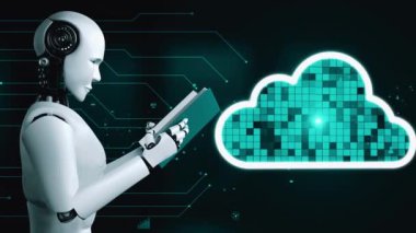 AI robot huminoid uses cloud computing technology to store data on online server . Futuristic concept of cloud information storage analyzed by machine learning process . 3D rendering .