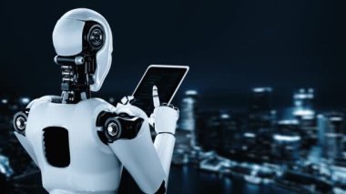 Futuristic robot artificial intelligence huminoid AI programming coding technology development and machine learning concept. Robotic bionic science research for future of human life. 3D rendering.