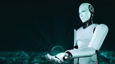 AI robot huminoid uses cloud computing technology to store data on online server . Futuristic concept of cloud information storage analyzed by machine learning process . 3D rendering .