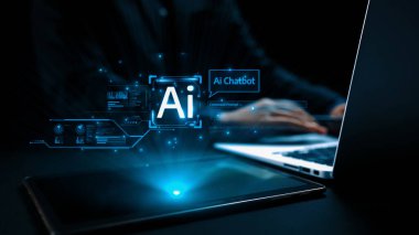 Yapay zeka sanal asistanı Chatbot ile yapay zeka konsepti ile insan etkileşimi, yapay zeka mühendisliği, LLM yapay zeka derin öğrenimi iş desteği için üretken yapay zeka kullanımı. Kullanıcı Kimliği