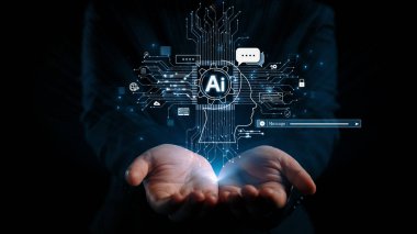 Yapay zeka mühendisliği, büyük veri ve yapay zeka makinesi kavramında yapay zeka beyin işlemcisiyle iş desteği için üretken yapay zeka kullanmayı öğrenen insan etkileşimi. Kullanıcı Kimliği