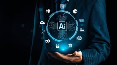 Yapay zeka mühendisliği, büyük veri ve yapay zeka makinesi kavramında yapay zeka beyin işlemcisiyle iş desteği için üretken yapay zeka kullanmayı öğrenen insan etkileşimi. Kullanıcı Kimliği