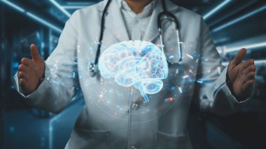 Close up of smart doctor holding brain anatomy hologram floating at lab with blurring background. Professional medical worker checking and preparing for brain surgery. Technology innovation. Remedial. clipart