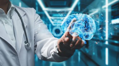 Laboratuvarda geçmişi bulanık dururken beyin hologramına işaret eden zeki doktorlara yaklaş. Tıp çalışanı beyin yapısını incelerken tıbbi verileri kontrol ediyor ve erişiyor. İyileştirici.