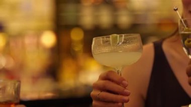Yakın grup arkadaşları kokteyl martini, margarita ve paloma ile kadeh kaldırıyor. Lüks bir barda eski moda. Canlı bir gece kulübündeki özel bir partiyi kutlamak için canlı sohbetler. Vinosity.