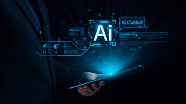 Yapay zeka sanal asistanı Chatbot ile yapay zeka konsepti ile insan etkileşimi, yapay zeka mühendisliği, LLM yapay zeka derin öğrenimi iş desteği için üretken yapay zeka kullanımı. Kullanıcı Kimliği