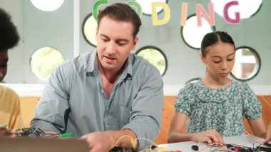 Yetenekli öğretmen çeşitli öğrencilere kablo ve elektronik ekipman kullanarak araba modelini tamir etmeyi öğretiyor. Bilgisayara bakarken ana kartı kontrol etmek için elektrikli alet kullanmayı öğrenen bir kız. Öğretim