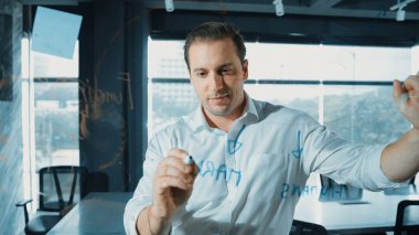 Yapışkan notlar üzerine pazarlama fikri yazan profesyonel erkek liderin portresi. Kafkasyalı işadamı cam duvarda renkli yapışkan notlar kullanırken pazarlama kampanyasını düşünüyor. Yönlendirici.