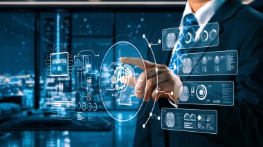 Yapay zeka mühendisliği, büyük veri ve yapay zeka makinesi kavramında yapay zeka beyin işlemcisiyle iş desteği için üretken yapay zeka kullanmayı öğrenen insan etkileşimi. Kullanıcı Kimliği