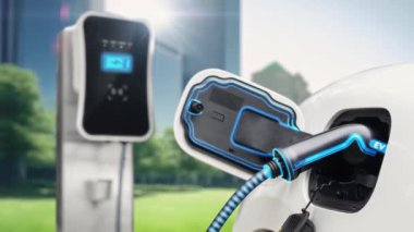 Yeşil Şehir Parkı 'ndaki ekolojik temiz enerji şarj istasyonundan gelen fütürist akıllı EV şarj aletinin şarj ettiği elektrikli araba. Alternatif enerji kullanan gelecekçi elektrikli araba. İnceleyin