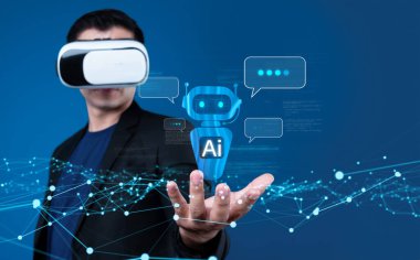 Yapay zeka sanal asistanı Chatbot ile yapay zeka konsepti ile insan etkileşimi, yapay zeka mühendisliği, LLM yapay zeka derin öğrenimi iş desteği için üretken yapay zeka kullanımı. FaaS