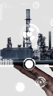 Geleceğin fabrikası ve yaratıcı grafik tasarımında yaratıcı enerji endüstrisi konsepti. Petrol, gaz ve petrokimyasal rafineri fabrikası. Hologramı yeni nesil enerji ve enerji sektörünü gösteriyor..