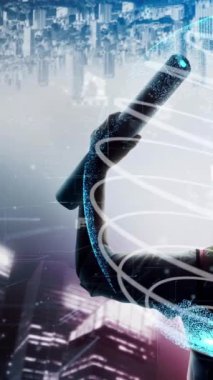 Gelecekteki bina inşaatı ve HUD hologram grafik tasarımı ile yaratıcı mühendislik projesi konsepti. İnşaat mühendisi, mimar ya da inşaat işçisi modern sivil teknoloji ile çalışıyor..
