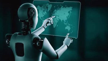 AI hominoid robot touching virtual hologram screen showing concept of big data analytic using artificial intelligence thinking by machine learning process. 3D rendering.