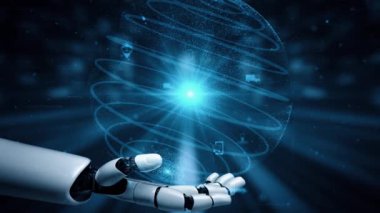 Gelecekçi robot yapay zeka yapay zeka yapay zekayı aydınlatıyor ve makine öğrenme kavramını geliştiriyor. İnsan hayatının geleceği için küresel robot biyonik bilim araştırması. 3B görüntüleme grafiği.