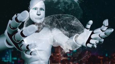 AI hominoid robot holding virtual hologram screen showing concept of AI brain and artificial intelligence thinking by machine learning process. 3D rendering.