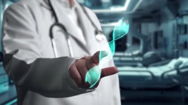 Bulanık bir geçmişe sahip laboratuarda yüzen DNA örneği hologramına bakan doktorlara yaklaş. Tıp çalışanı genetik bozukluk teşhisi için tıbbi verilere bakıyor ve erişiyor. İyileştirici.