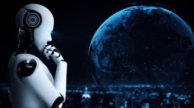 AI robot huminoid uses cloud computing technology to store data on online server . Futuristic concept of cloud information storage analyzed by machine learning process . 3D rendering .