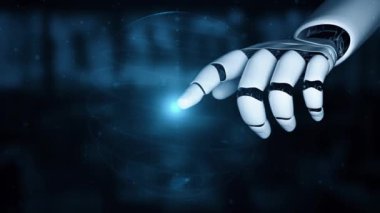 Gelecekçi robot yapay zeka yapay zeka yapay zekayı aydınlatıyor ve makine öğrenme kavramını geliştiriyor. İnsan hayatının geleceği için küresel robot biyonik bilim araştırması. 3B görüntüleme grafiği.