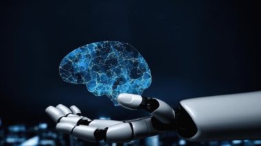 Gelecekçi robot yapay zeka yapay zeka yapay zekayı aydınlatıyor ve makine öğrenme kavramını geliştiriyor. İnsan hayatının geleceği için küresel robot biyonik bilim araştırması. 3B görüntüleme grafiği.