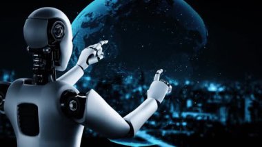 AI robot huminoid uses cloud computing technology to store data on online server . Futuristic concept of cloud information storage analyzed by machine learning process . 3D rendering .