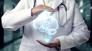 Beyin anatomisi hologramı tutan zeki doktorların laboratuvarda bulanık geçmişleri var. Profesyonel tıp çalışanı beyin ameliyatına hazırlanıyor. Teknoloji yeniliği. İyileştirici.