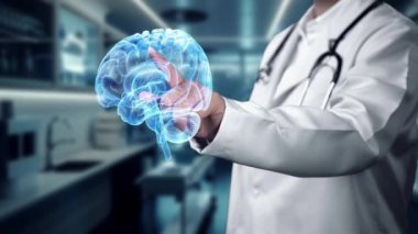 İnsan beyninin hologramına bakan doktorlara yaklaş. Profesyonel nörolog laboratuvar önlüğü giyer, röntgen ya da beyin anatomisini inceler ve ameliyata hazırlanır. İyileştirici.