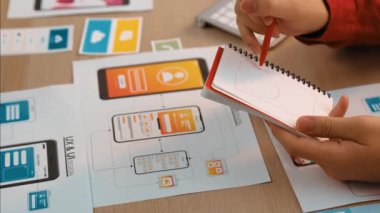 Mobil uygulama ya da web sitesi için kullanıcı arayüzü prototipi planlayan şirket çalışanlarının panorama videosu. UX UI tasarım beyin fırtınası kullanıcı dostu arayüz planı tasarlıyor. Sinerjik