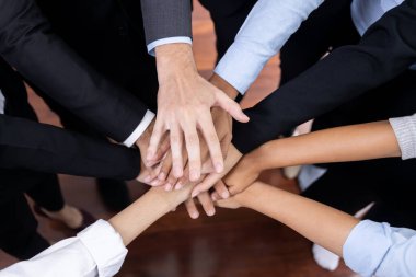 Çok ırklı iş adamları toplantı odasında iş birliği ya da şirket çalışanları için takım oluşturma amacıyla bir araya toplanıyorlar. Çok titiz.